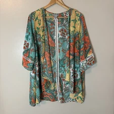 Catherines Kimono Floral Paisley Orange Yellow Swim Cover Sz 0X 14/16
