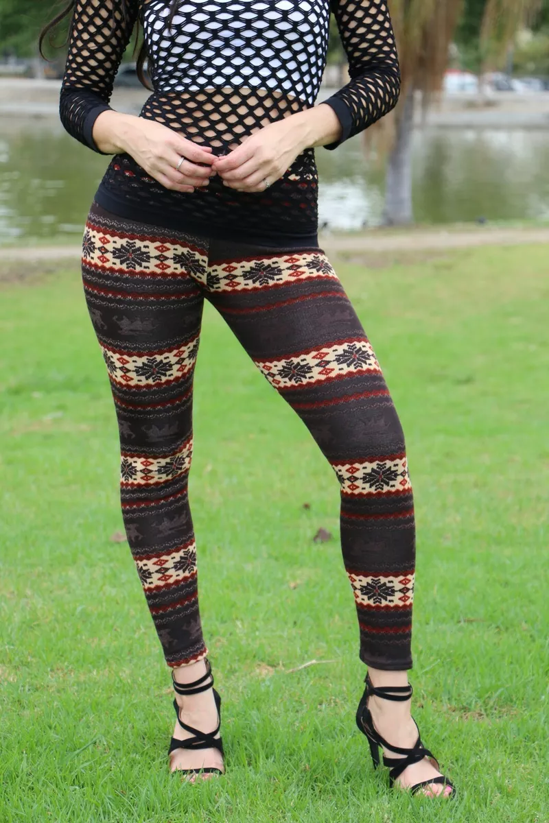 Fur Lined Leggings Winter Tribal Print Thick Fleece Stretch Pants One Size Sale