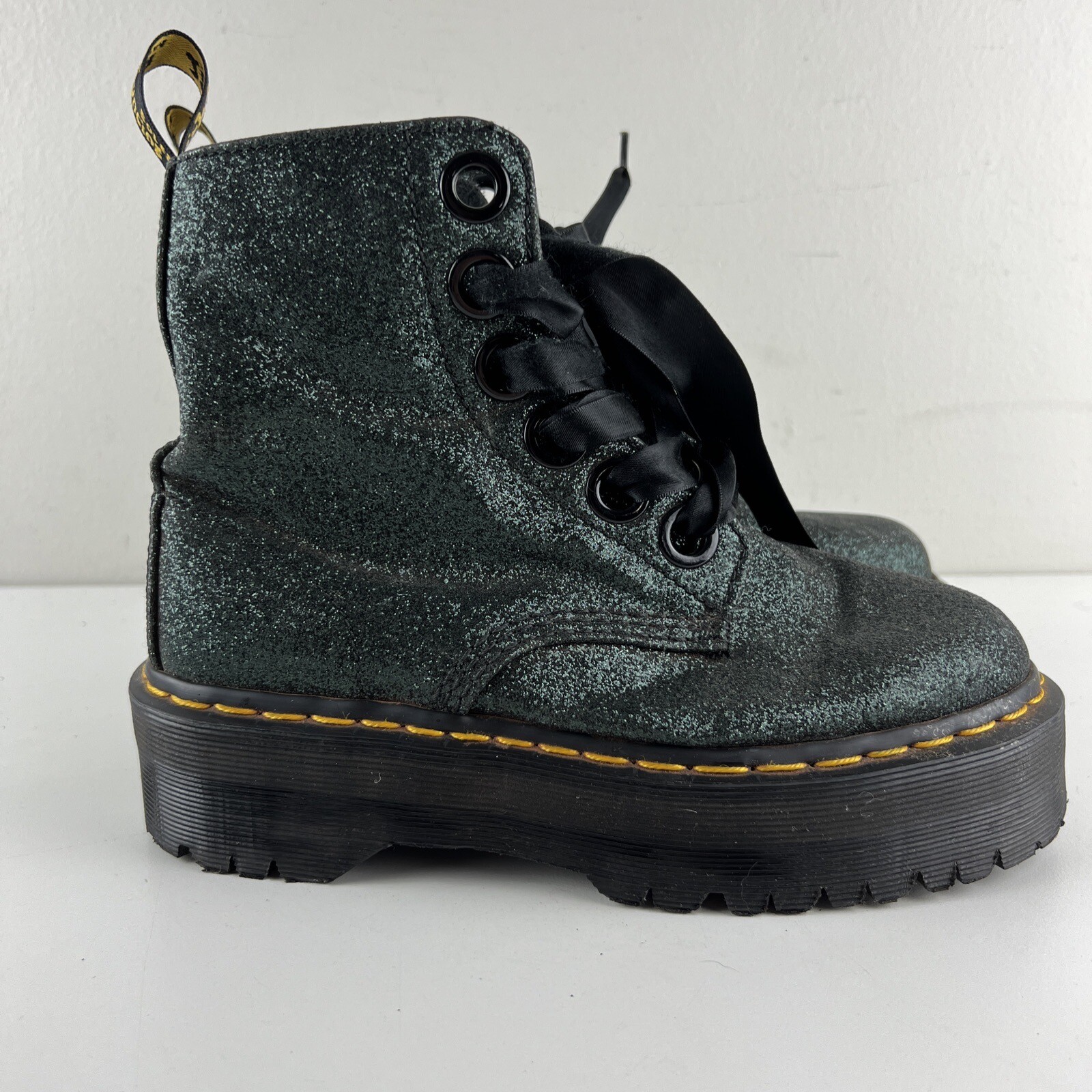 Dr Doc Martens Molly Glitter Green Chunky Boots Size 7 Us L GLTR