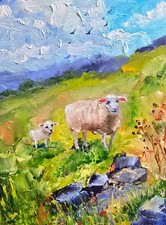 Berglandschaft Mutterschaf und Lamm Ölmalerei 15x20 cm Ölgemälde auf Malkarton
