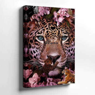 Canvas Leopard Face Collage With Pink Flowers Blue Eyes Animal Room Home Print