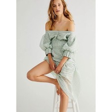 Free People Mare Mare Molly Gingham Midi Dress With Puff Sleeves S Celery Green
