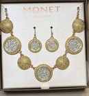 Monet Necklace Earrings Set Two-Tone Round Gold Tone Statement Jewelry NIB — photo 1