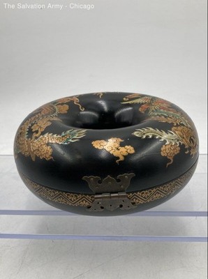 Vintage Asian Donut Shaped Round Wood Jewelry Box Painted Phoenix & Dragon