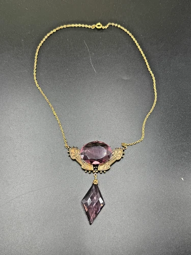 Vintage Art Deco Purple Glass Pendant Necklace Gold Tone Chain Statement Jewelry