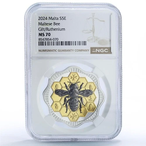 Malta 5 euro Maltese Bee Nature Wildlife Fauna Gilt MS 70 NGC silver coin 2024