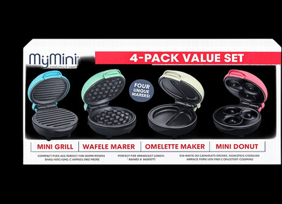 MyMini 4-Pack Value Set Mini Grill Waffle Omelette & Donut Makers 520W