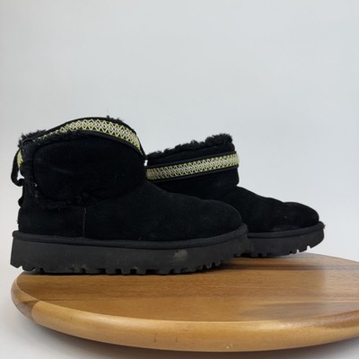Womens Ugg Classic Ultra Mini Alpsey Black Suede Shearling Boots Size 10 M GUC