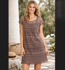 Garnet Hill Lace Dress 4 Brown Taupe Embroidered Lined Shift Slip Scalloped Hem