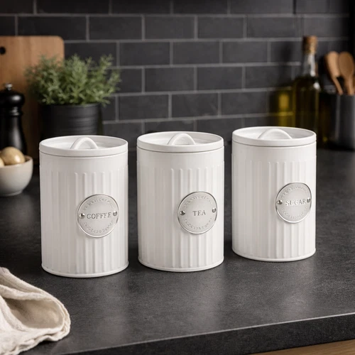 White Tea Coffee Sugar Metal Canister Set Kitchen Storage Jars