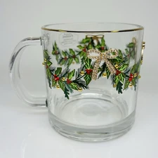 Christmas Glass Coffee Mug Tea Cup Gold Bow Rhinestone Holly Tree SHIPS PRIORITY