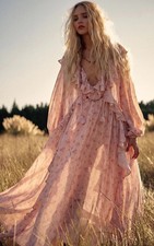Free People Spell Fleur Ruffles Vintage Floral Pink Rose Gown Maxi Dress S