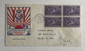 TY COBB Signed 1939 Baseball Centennial #855-60b Leatherstocking 4 Block FDC