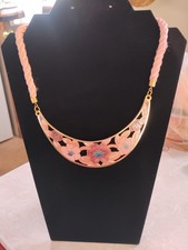 cloisonne enamel Vintage Cloisonné Enamel Crescent Bib Necklace with Floral Design on Blue Cord — listing 6