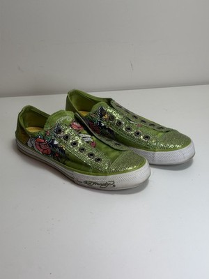 VTG Ed Hardy Green Glitter Lowrise Sneakers Women s Size 9 Y2K True To My Love