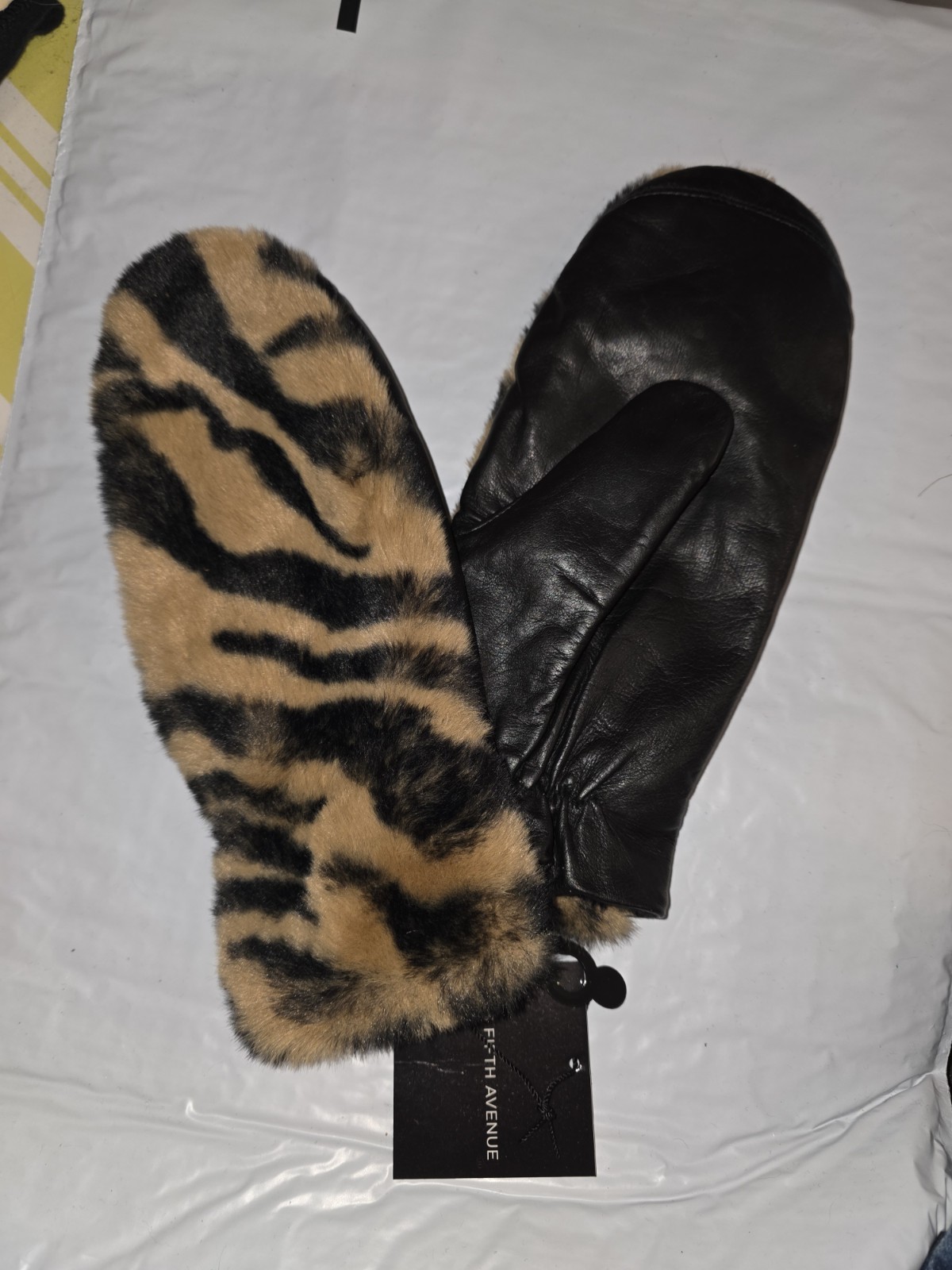 Leopard print faux fur and leather mittens by Saks Fifth Avenue