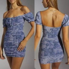 NEW urban outfitters milkmaid mesh mini dress printed blue womens size S