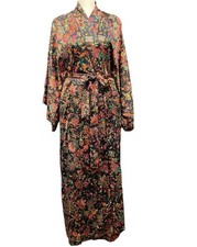 Natori Full Length Robe Sz XS Satin Loungewear Multicolor Floral Belted Pockets