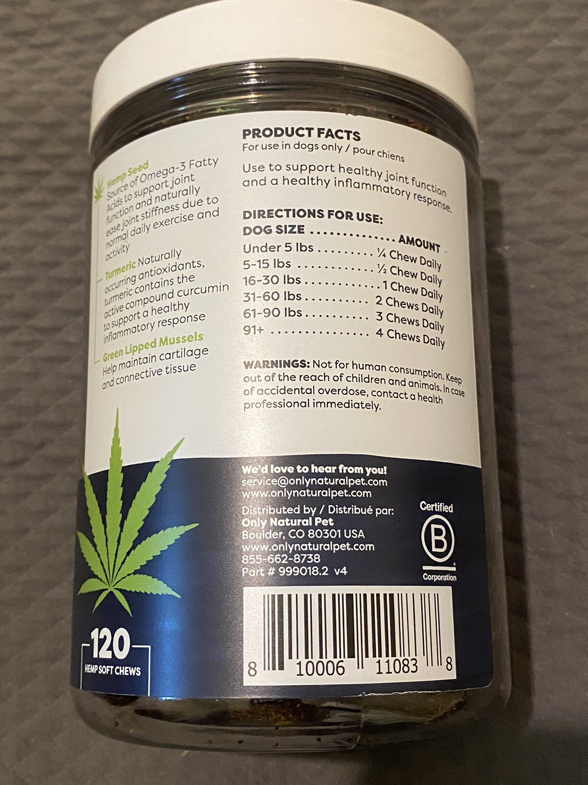 ONLY NATURAL PET HEMP HIP & JOINT SUPPORT 120 SOFT CHEWS EXP. 03/2025