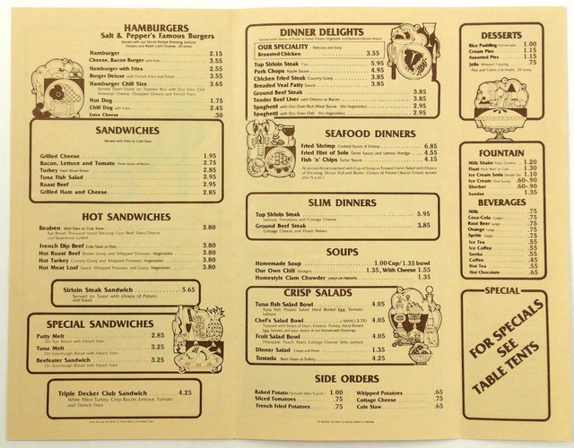 1980's Vtg Menu SALT & PEPPER FAMILY RESTAURANT Sports Bar Pizza