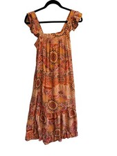 KNOX ROSE Womens Dress Boho Peasant Flutter Sleeve A-line Floral Midi Sz Small