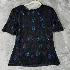 Vtg 80s Stenay Silk Sequin Beaded Top Womens Small Black Blue Red Night Out