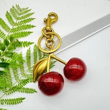 Red Cherry Apple Bag Charm Keychain Resin Metal Brass Purse Decoration