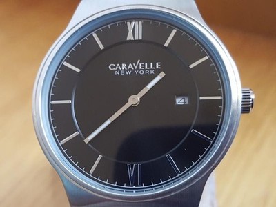 Herren Schwarz Leder Bulova Caravelle 43B148 Herren Schlank Minimalistisch Datum Uhr