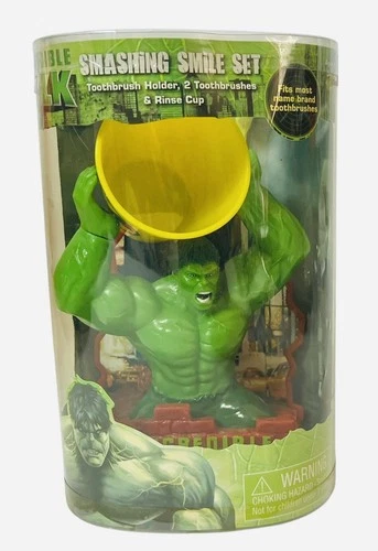Vintage Marvel Incredible Hulk Smashing Smiling Set Toothbrushes, Cup And Holder