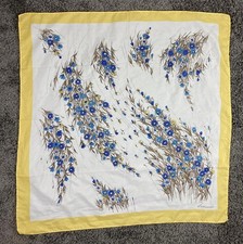 Leonardi Italian Floral Silk-Style Scarf Yellow Blue Square 30x30 in Vintage