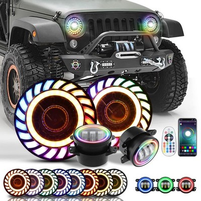 SUNPIE 7'' RGB LED Headlights with 4'' RGB Fog Lights for 07-18 Jeep Wrangler JK