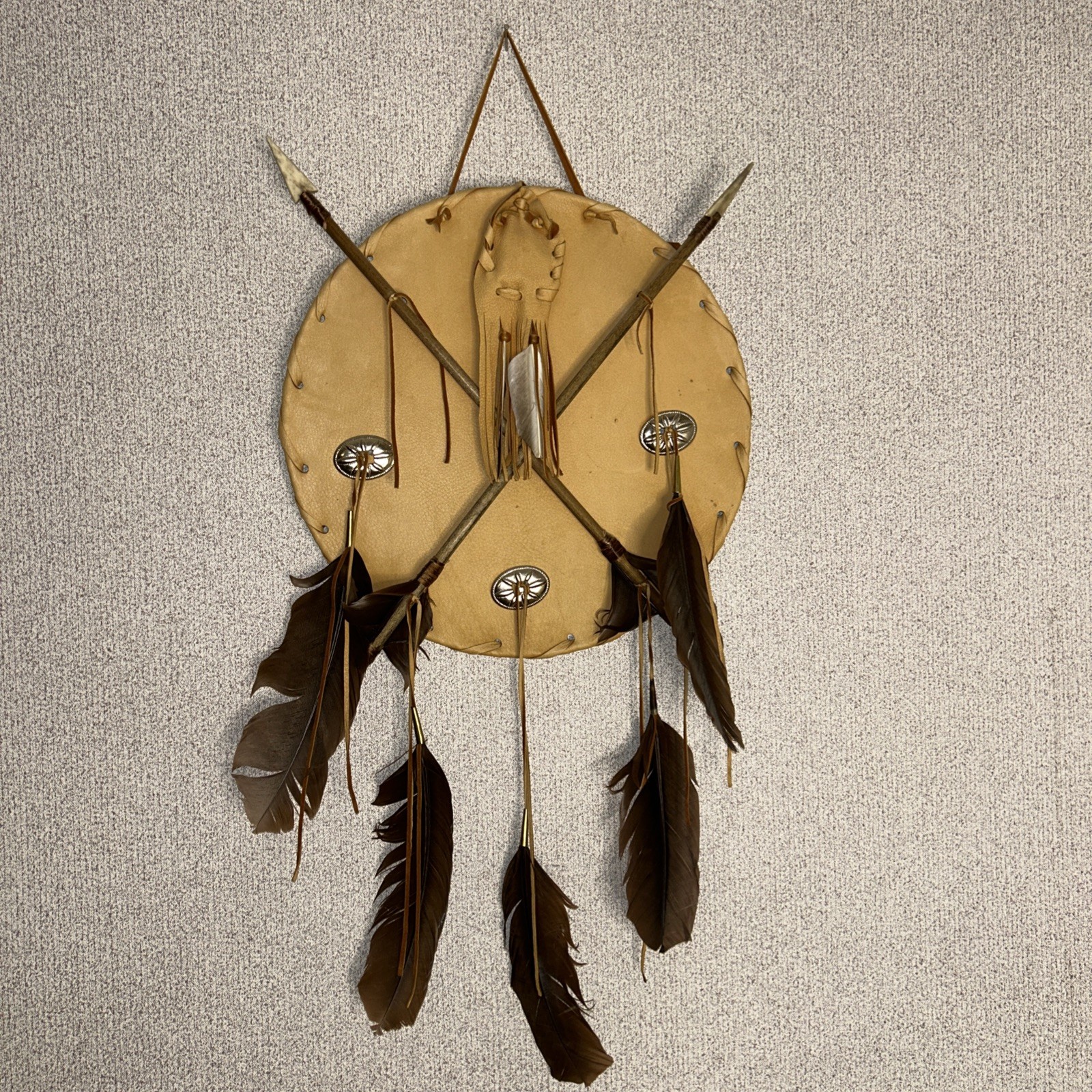 14" dia Tan Leather Medicine Man Shield w/ 2 Arrows & Medicine Bag Used