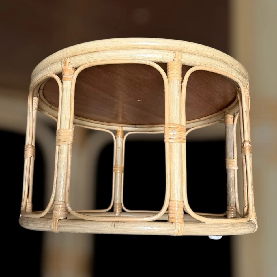 Rattan Bamboo Round Natural Wood Side Table 22” Circumference 14” Tall - Image 2 of 4