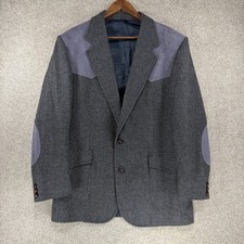 VTG Pendleton Blazer Men 44L Blue Grey Wool Tweed Western Suede Yoke Patches USA
