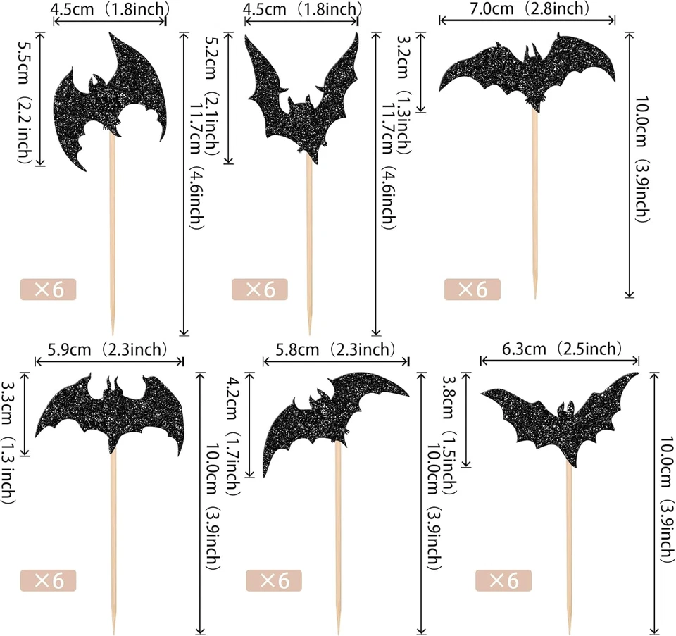 30 Pack Halloween Bat Cupcake Toppers Black Glitter Bat Halloween Cupcake Picks  - Image 2 of 4