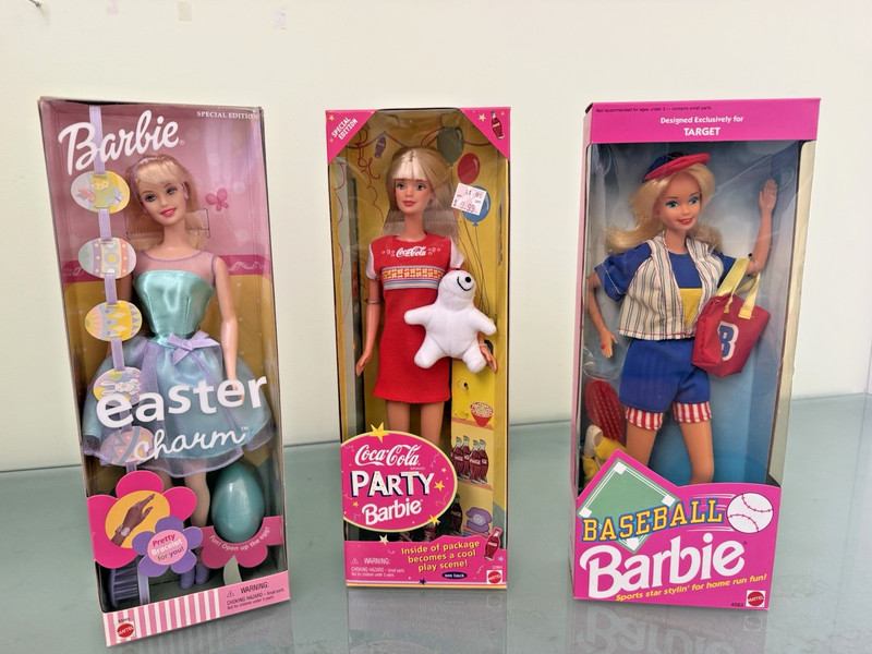 Lot of 3 NRFB Mattel Barbie Dolls - Easter Charm, Coca-Cola, Baseball Barbie