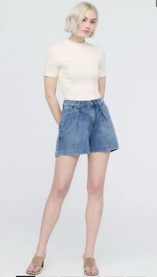 DU/ER Performance Denim Lite Pleated Shorts Blue High Rise Women's 30x5''