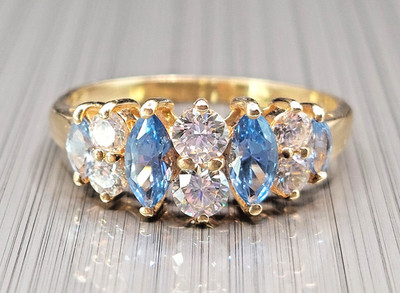 DQCZ 14kt Gold Blau & Weiß cz Ring Cluster Größe N, komplett gepunzt