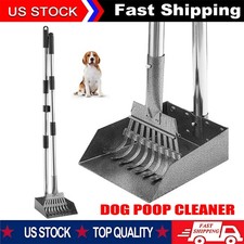 Dog Pooper Scooper Long Handle Stainless Metal Tray Rake Set with Adjustable US
