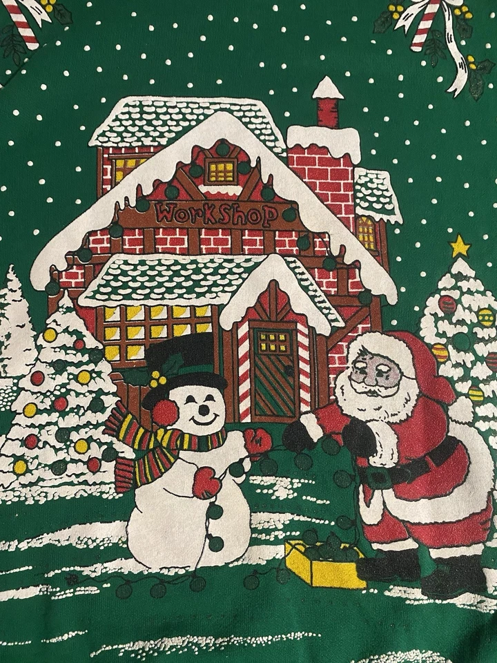 VTG Christmas Sweatshirt Green Santa Snowman Nutcracker Medium Pullover 90s Mom - Image 4 of 4