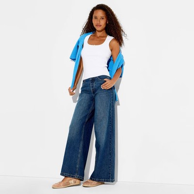 Women Mid-Rise Ultra Wide Leg Jeans - Wild Fable Dark Wash 14