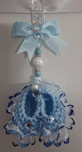 Pram charms *new*blue/white boys booties Baby pram charm hand knitted With Bead 