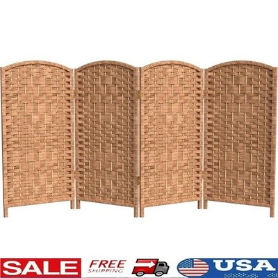 Folding Screen Partition Natural Wood & Rattan Double Hinged Decorative Divider