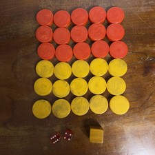 Vintage Catalin Bakelite Backgammon Checkers 30pc 1.5 Red And Yellow Dice Cube