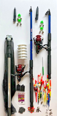 Riesen Angelset Starterset 2 Rute+ 2 Rolle+ Kescher+ Zubehör + Angelschnur
