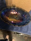 Indiana Carnival Glass Footed Oval Fruit Bowl Vintage Blue Iridescent — photo 3