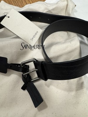 Saint Laurent YSL Black Leather Belt Silver Buckle With Tag