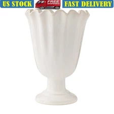 Stoneware Scalloped Vase Glossy Finish Vintage Floral Home Decor Accent New
