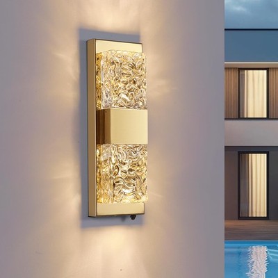 HITOO 14'' Dusk to Dawn Outdoor Light, Gold, IP65, 12W LED Crystal Sconce