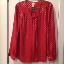 Faded Glory Size XXL (20) Red with Silver Print Blouse Long Sleeve
